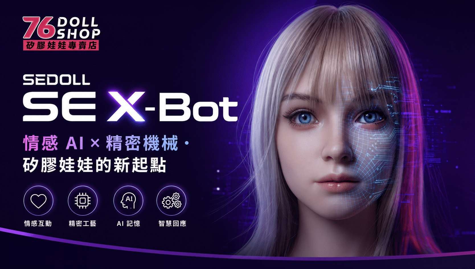 SEDOLL SE X-Bot AI 智慧頭雕 Annika 安妮卡正面展示，結合情感 AI 與精密機械的矽膠娃娃頭部