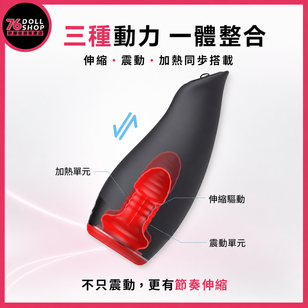 76DOLLS -『快感引擎』76小班推薦｜智能伸縮電動飛機杯：震動＋伸縮＋加熱三合一｜5種自動伸縮・7種變頻震動・雙段智能加熱｜四向搖桿操控・矽膠機身・IPX6生活防水｜實體店面・現貨速發：圖片 2