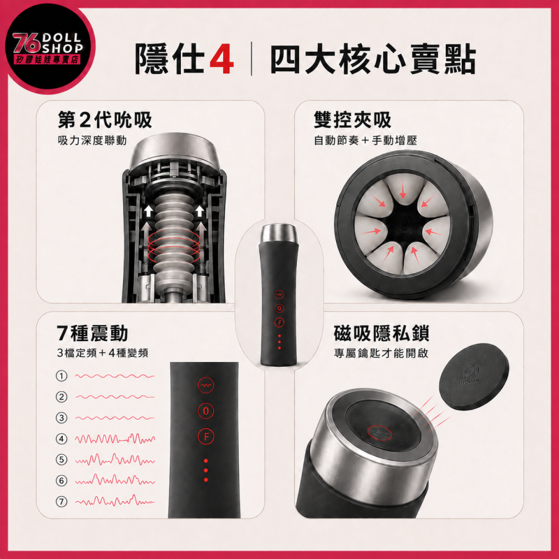 76DOLLS -『隱仕4』76小班推薦|第二代智能吮吸夾緊飛機杯|4種自動夾吸+手動增壓・7種變頻震動|360°氣囊包覆・磁吸隱私鎖・可拆洗TPE內套|實體店面・現貨速發